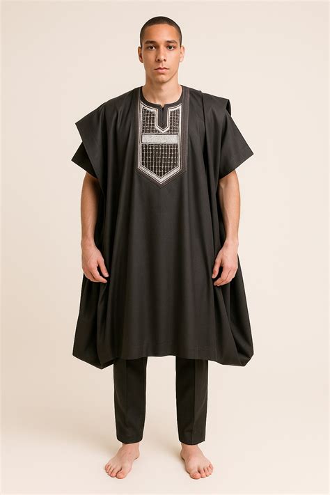 Modern Black Agbada with Silver Details